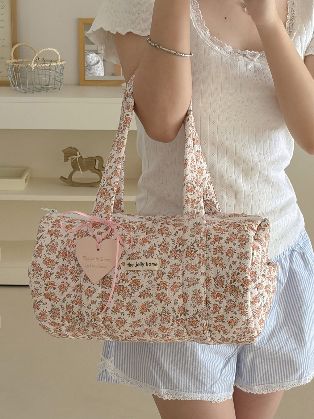Cosbai Quilted Floral Duffle Bag standing upright on white background