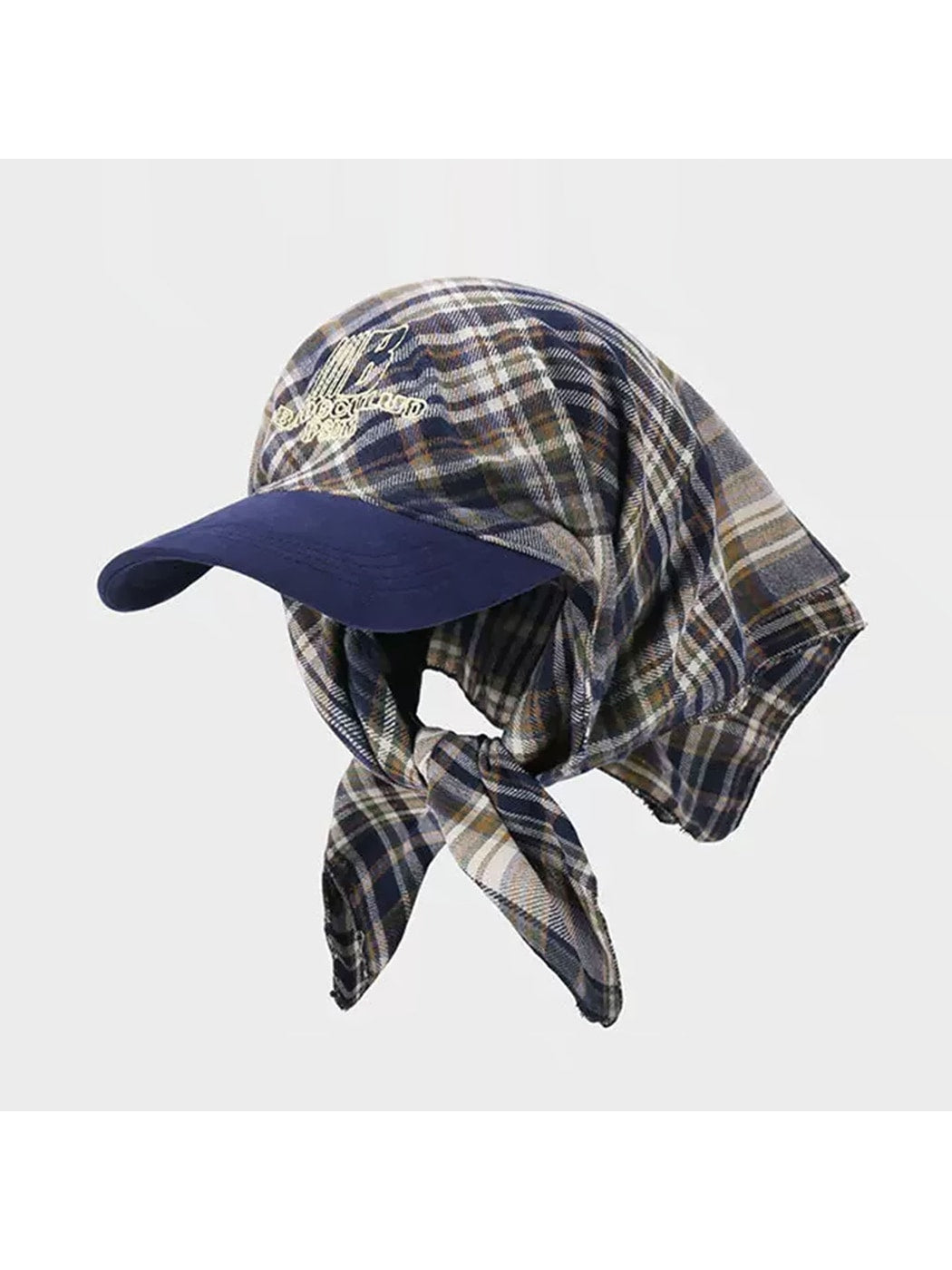Haila - Plaid Embroidered Tie Back Headscarf Cap