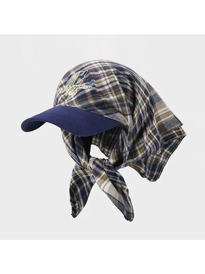 Haila - Plaid Embroidered Tie Back Headscarf Cap