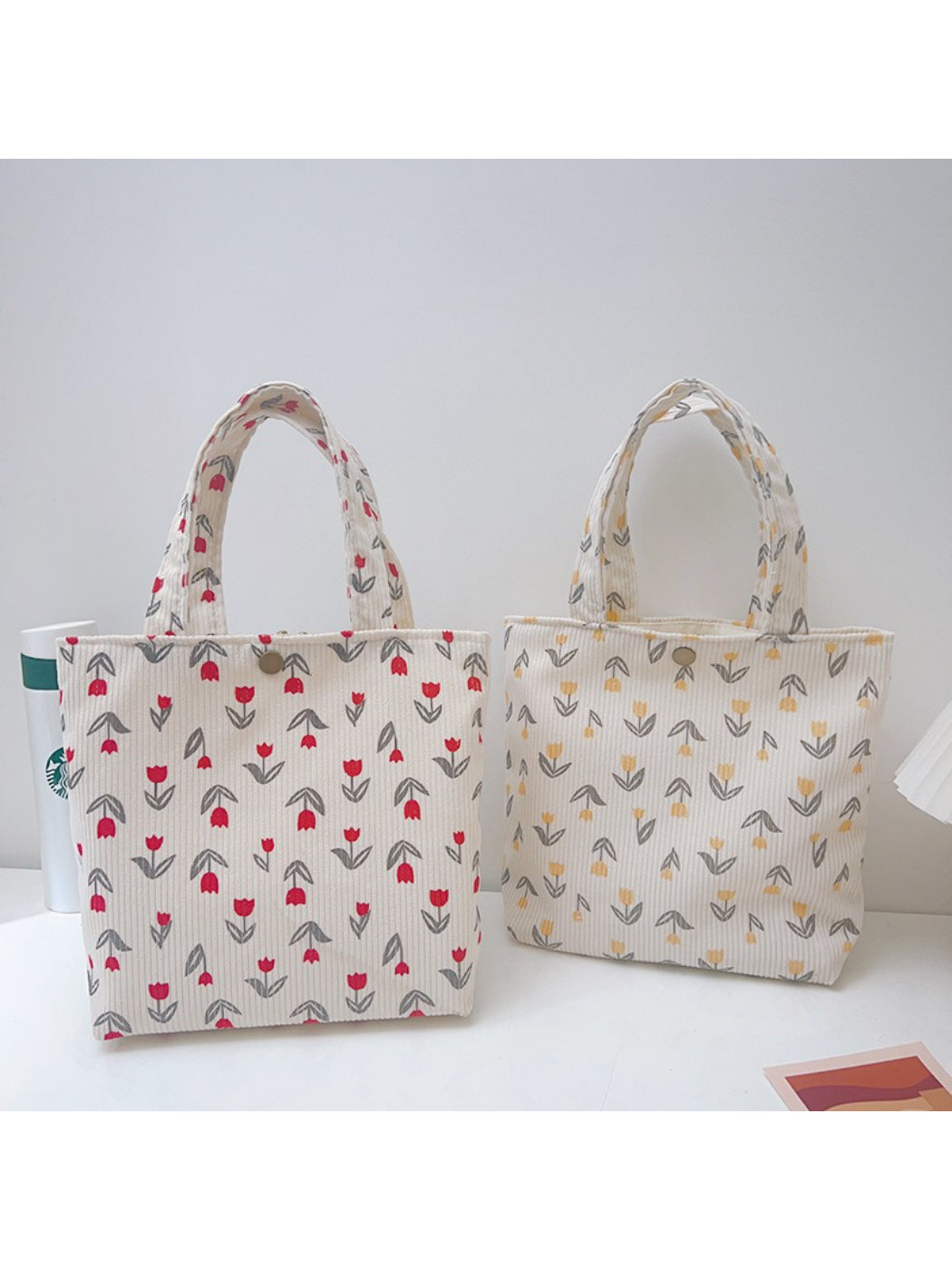 Cosbai - Soft Tulip Floral Print Casual Small Tote Bag