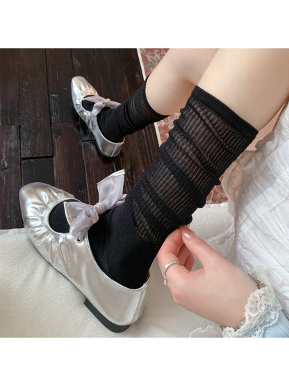 Rufia - Solid Color Ribbed Knee-high Socks