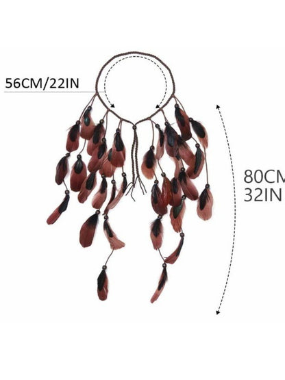 Feather hair headpiece styled on model showcasing boho full drop design
