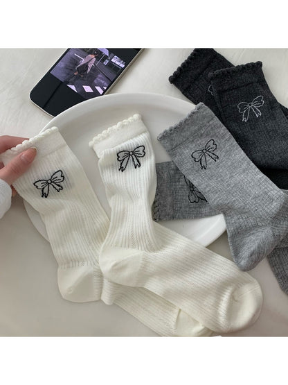 Rufia - Ribbed Mesh Bow Pattern Crew Socks