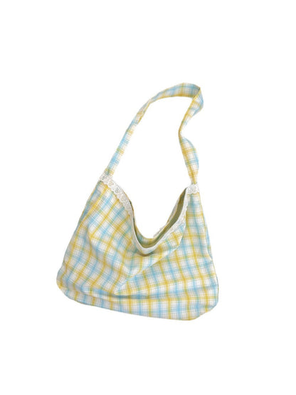 Cosbai - Plaid Lace Trim Hobo Shoulder Bag