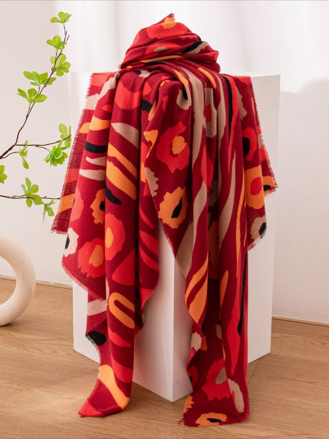 Scarvii - Red & Orange Floral Print Scarf Shawl