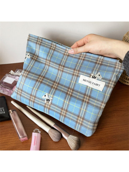 Cosbai Classic Plaid Travel Cosmetic Pouch folded flat for compact storage