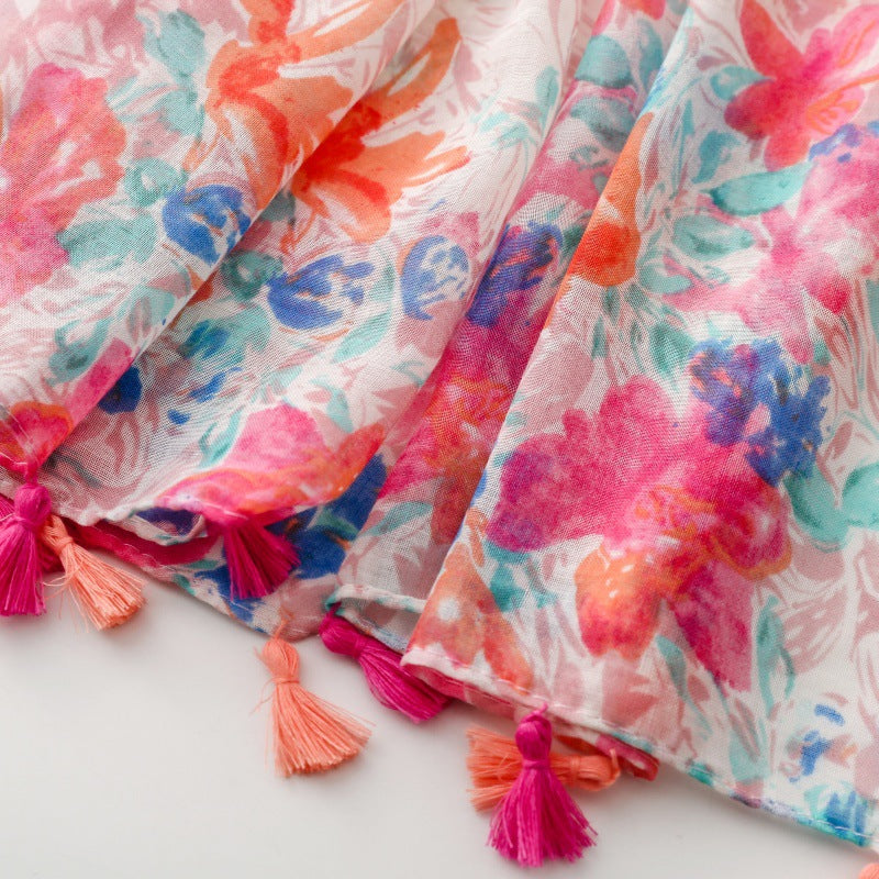 Floral scarf tassel fringe detail