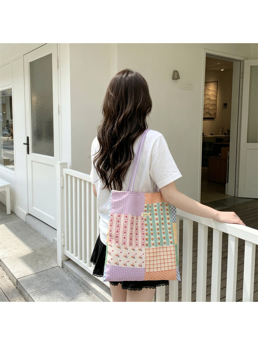 Cosbai pastel patchwork shopper tote bag displayed upright with handles extended