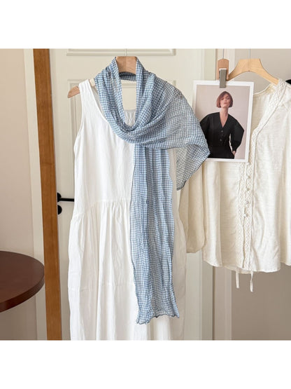 Soft gingham long scarf in black and white check pattern displayed flat