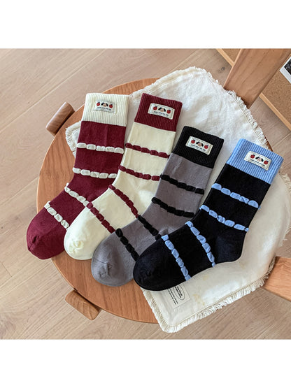 Rufia - Bubble Striped Mid-Calf Socks with Cartoon Label