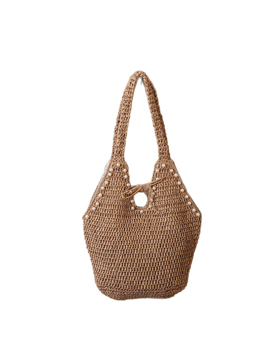 Cosbai - Brown Beaded Detail Woven Tote Bag