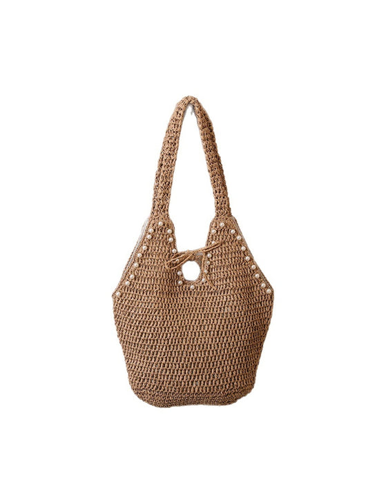 Cosbai - Brown Beaded Detail Woven Tote Bag