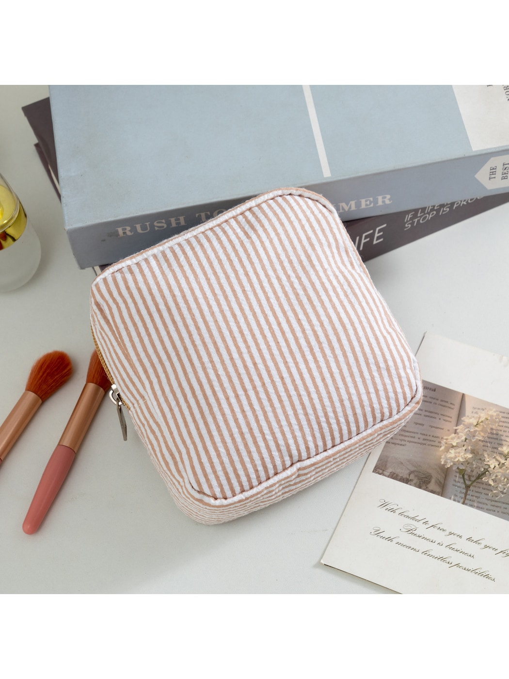 Cosbai - Pinstripes Zipper Cosmetic Organizer Bag