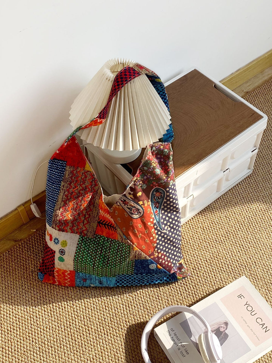 Close-up of patchwork design and stitching on Cosbai boho shoulder bag
