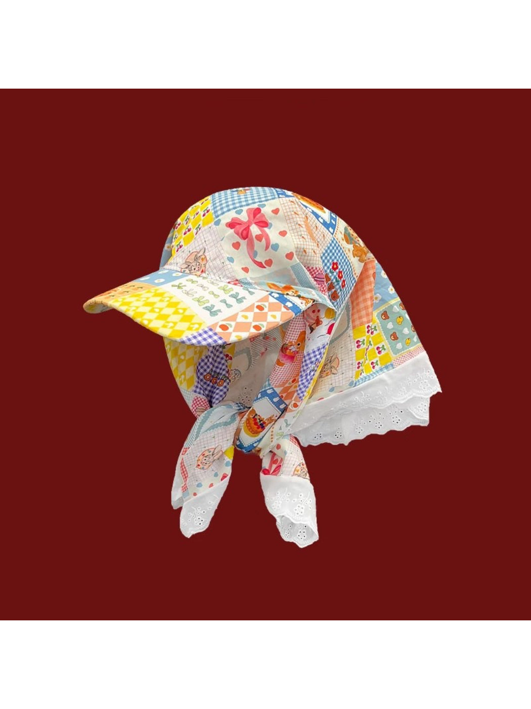 Model wearing Haila patchwork lace tie sun hat outdoors with casual outfit