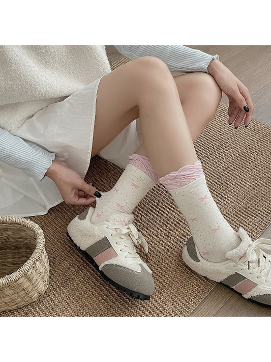 Rufia - Bow Pattern Ruffle Cuff Casual Crew Socks