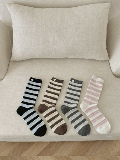Close-up of Rufia socks fabric texture with visible stripes and button accents