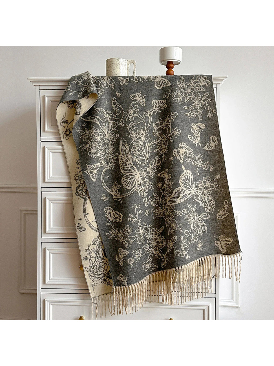 Scarvii - Floral Butterfly Print Fringe Scarf