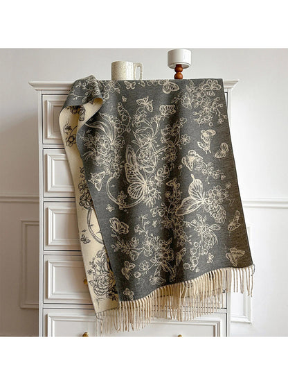 Scarvii - Floral Butterfly Print Fringe Scarf