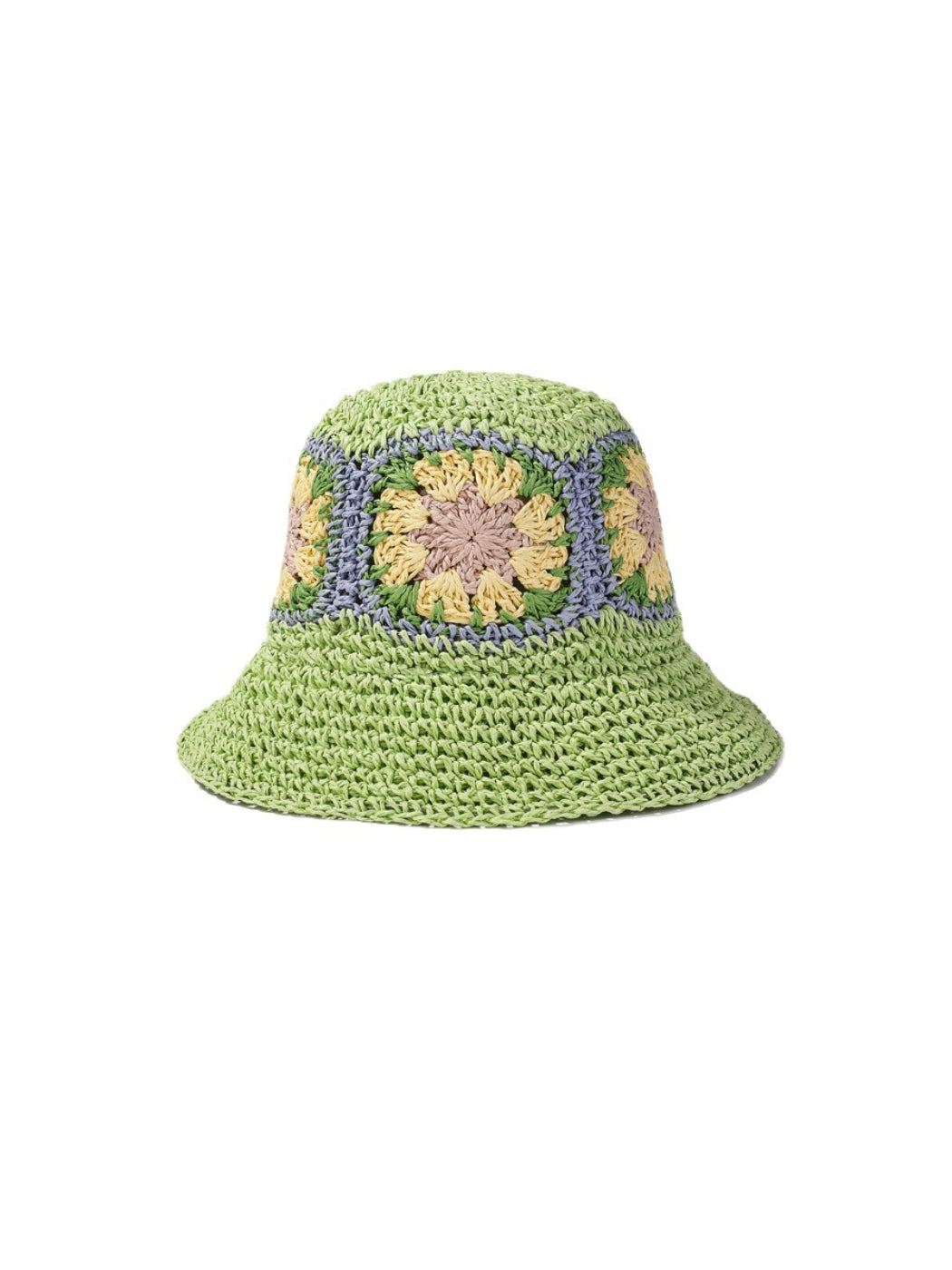 Top view of Haila beige bucket hat with crochet flower patch