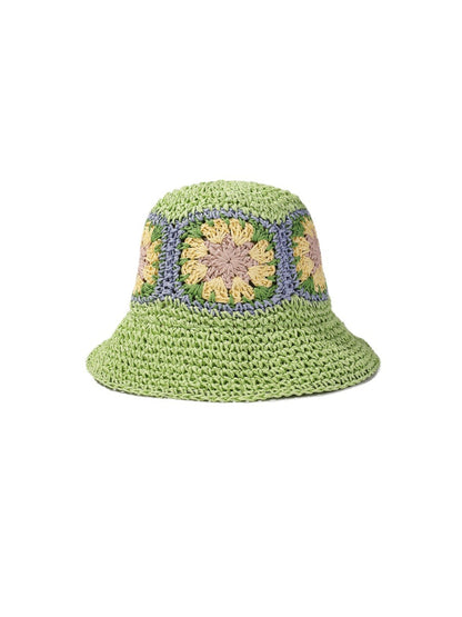 Top view of Haila beige bucket hat with crochet flower patch