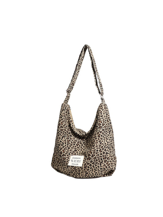 Cosbai - Large Capacity Single-shoulder Canvas Bag with Leopard Print