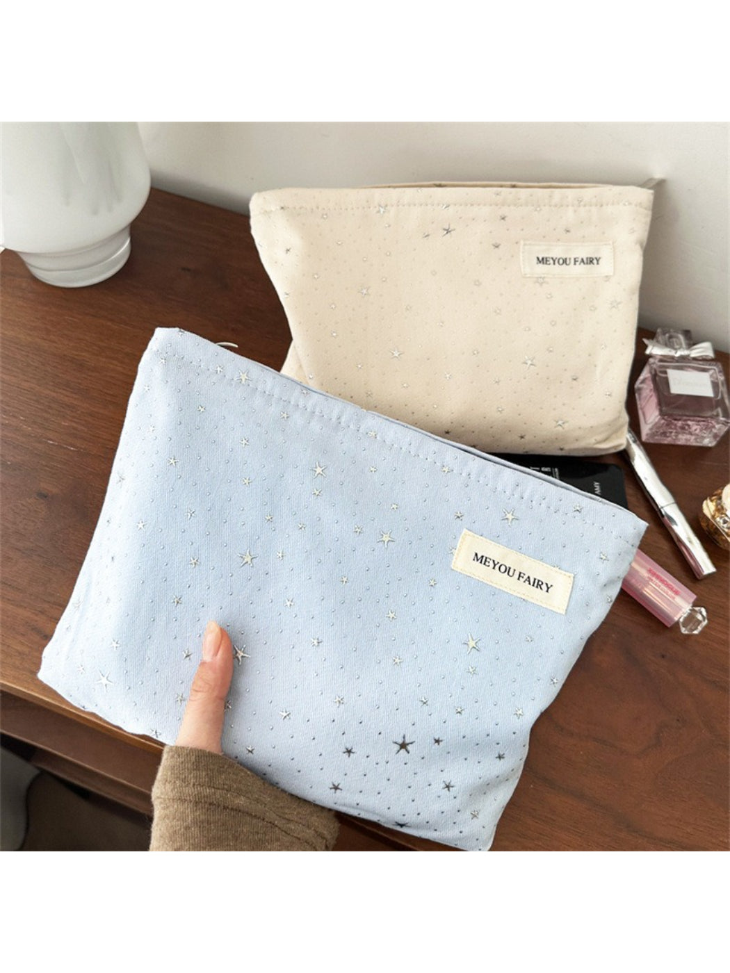 Cosbai Soft Star Print Zip Bag angled view showing star design