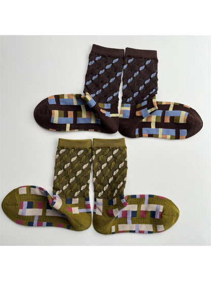 Rufia - Color Block Mid-Calf Socks – Check & Dots