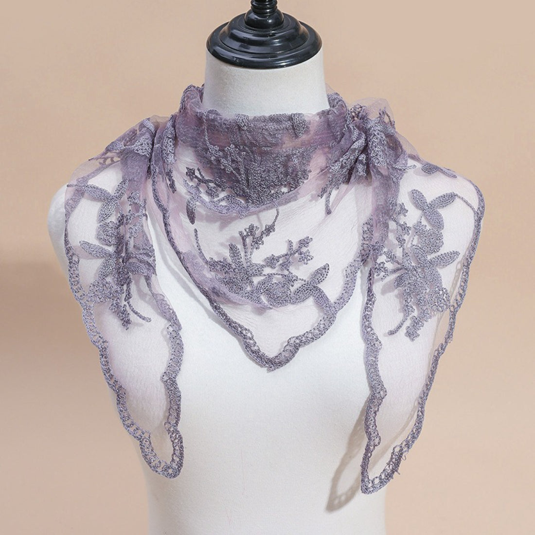 Back view of model wearing Haila embroidered lace veil head scarf