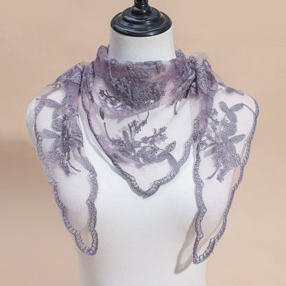 Back view of model wearing Haila embroidered lace veil head scarf