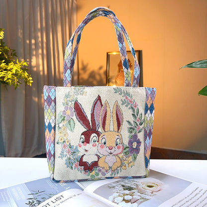 Cosbai - Diamond Pattern Lace Print Canvas Tote Bag