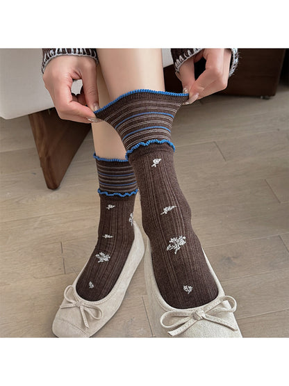 Rufia - Vintage Floral Ruffle Trim Crew Socks