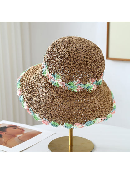 Haila - Floral Trim Wide Brim Summer Sun Hat