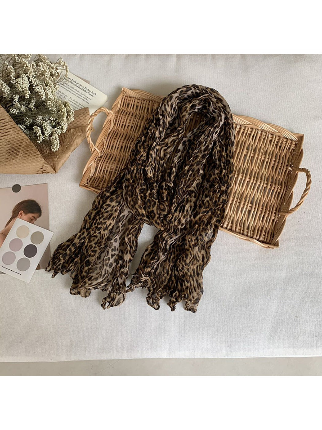 Scarvii - Crinkle Textured Scarf Shawl with Leopard Print