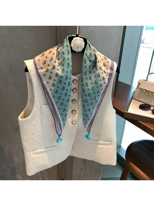 Scarvii - Blue Tone Print Tassel Design Square Scarf
