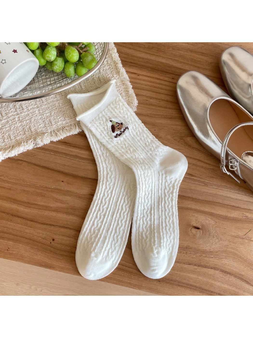 Rufia ribbed socks stretched to show elasticity and fit