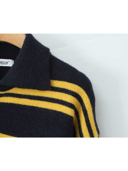 Crosa - Women S Fall Striped Turn Collar Knit Sweater