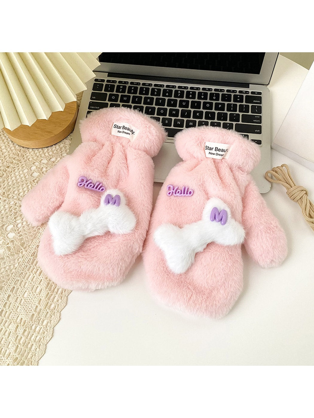 Gloving - Cute Bone Accent Plush Winter Mittens