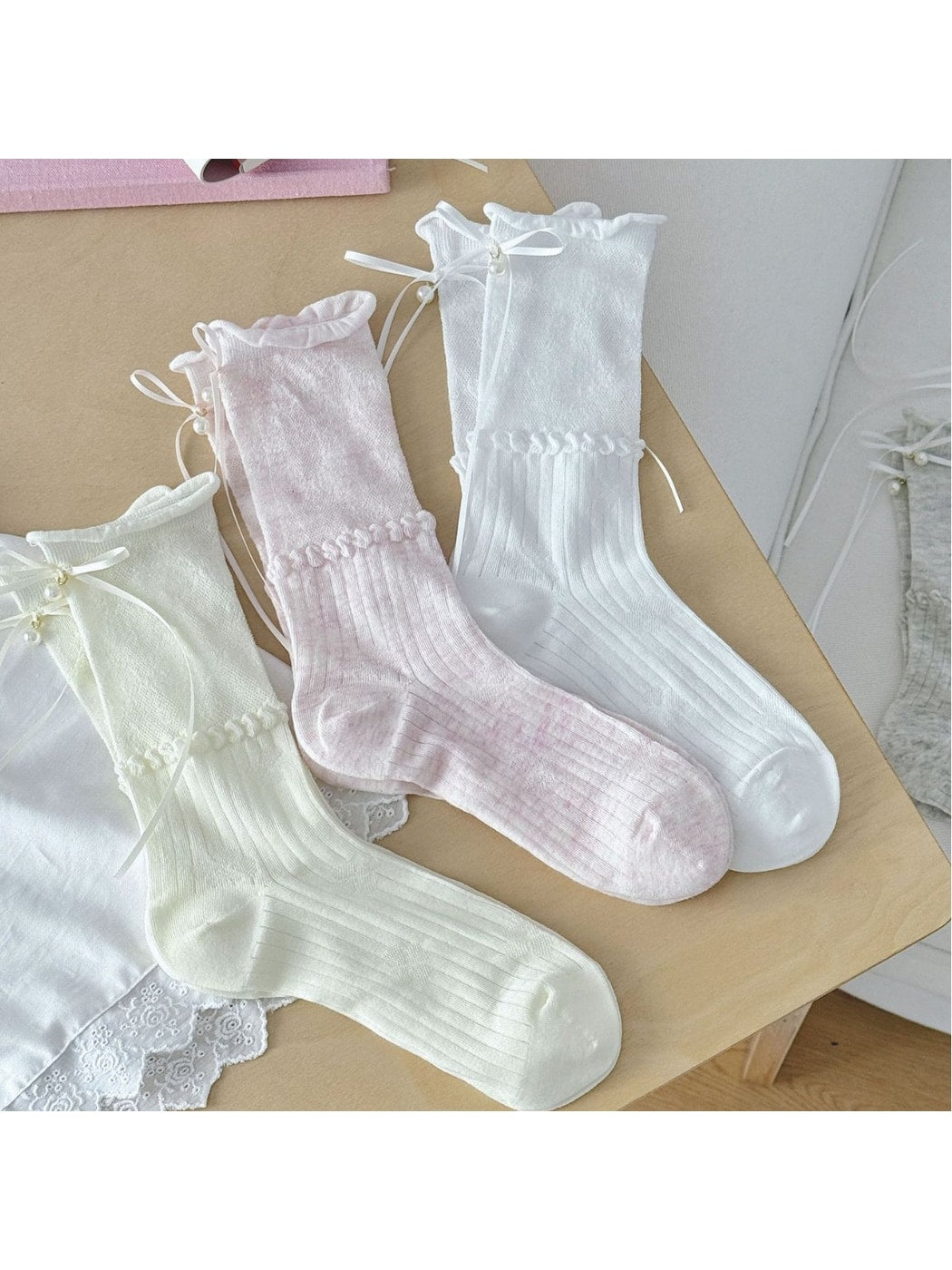 Rufia - Ribbon Bow Detail Rolled Cuffs Crew Socks