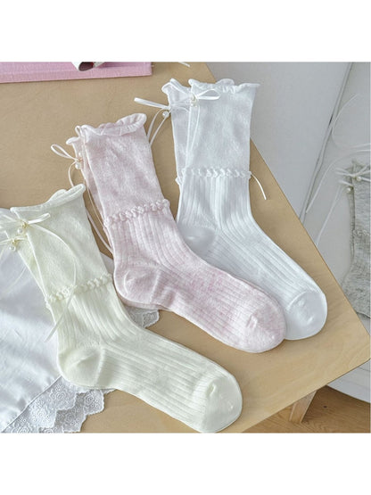 Rufia - Ribbon Bow Detail Rolled Cuffs Crew Socks