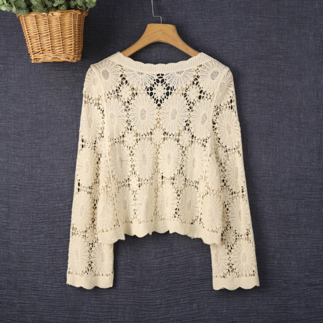 Crosa - Hollow-Out Knit Floral Long-Sleeve Cardigan