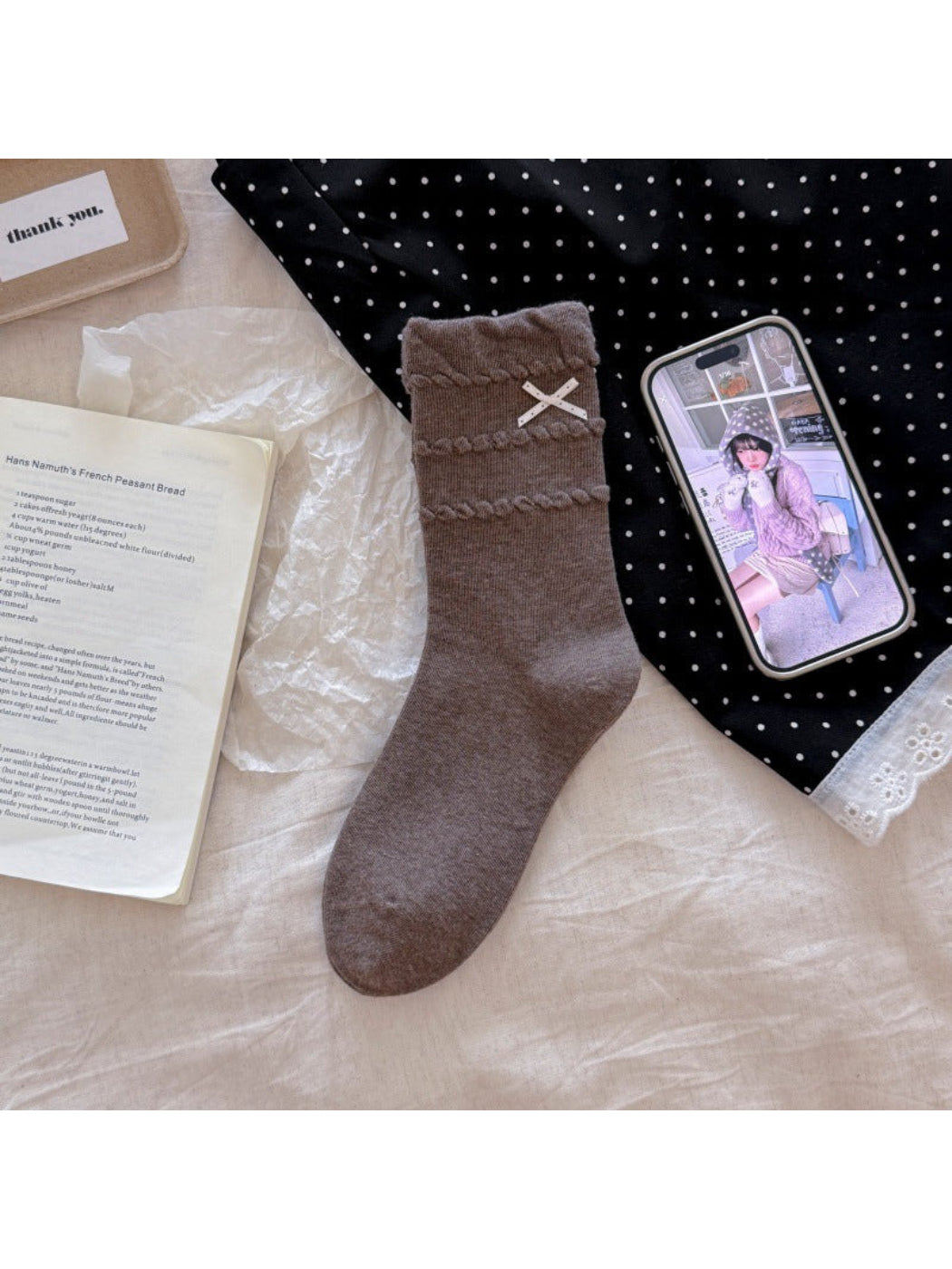 Rufia - Bow Detail Raised Loop Trim Crew Socks