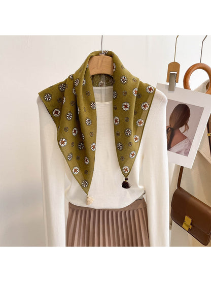 Scarvii - Geometric Flower Print Tassel Square Scarf