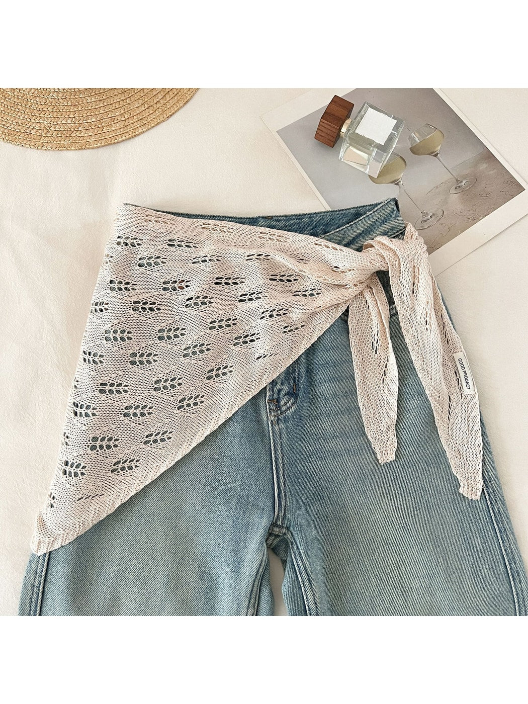 Scarvii - Solid Color Openwork Knit Triangle Scarf