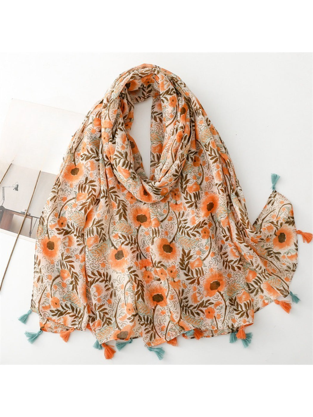 Scarvii - Boho Floral Print Tassel Scarf