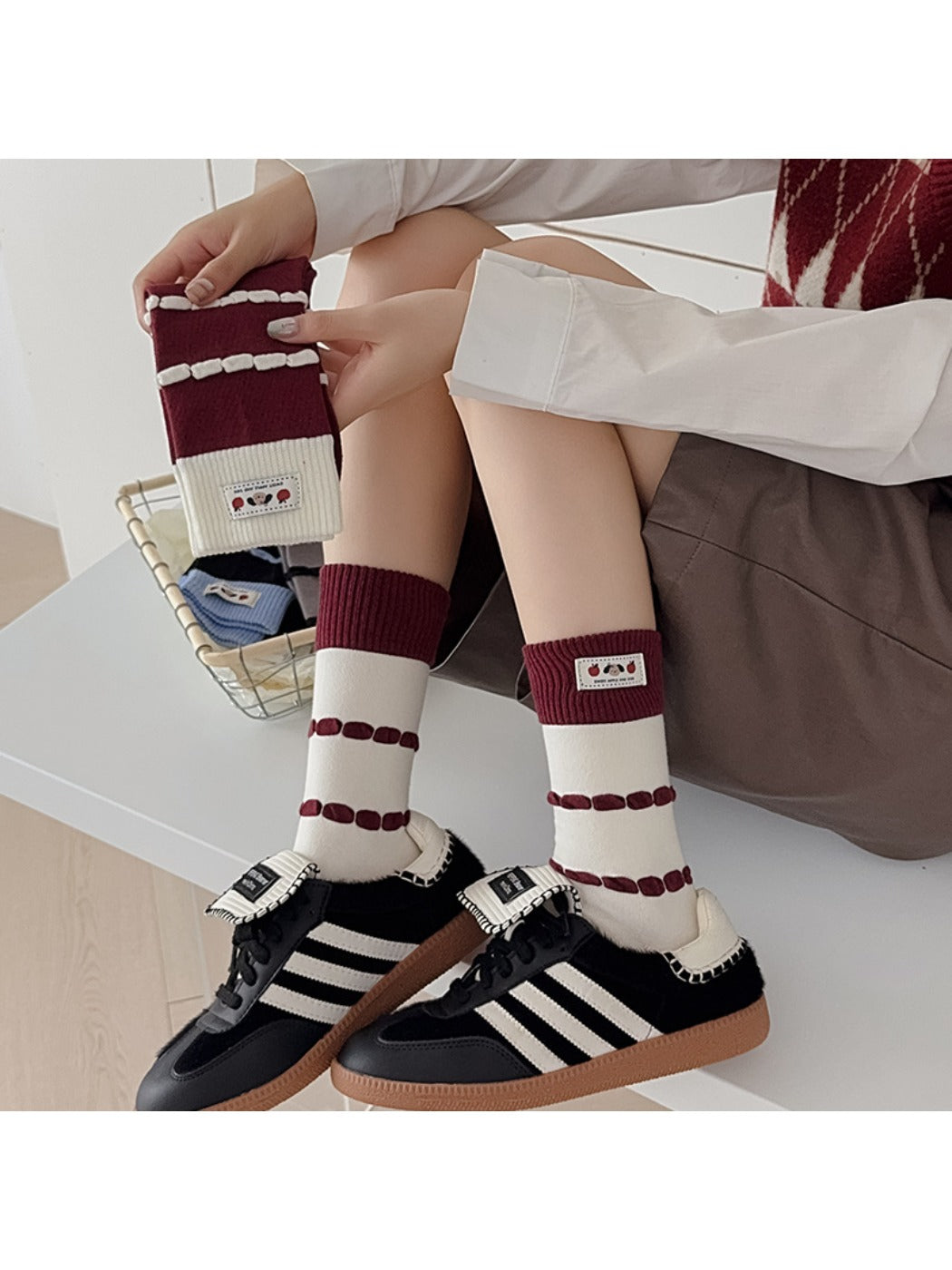 Rufia - Bubble Striped Mid-Calf Socks with Cartoon Label
