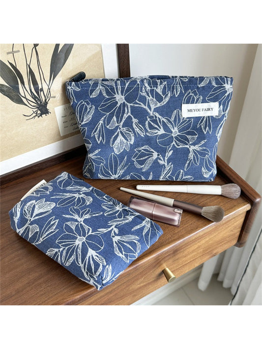 Cosbai modern floral cosmetic bag, pink and white flower pattern