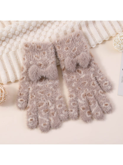 Gloving – Leopard Bow Plush Knit Gloves