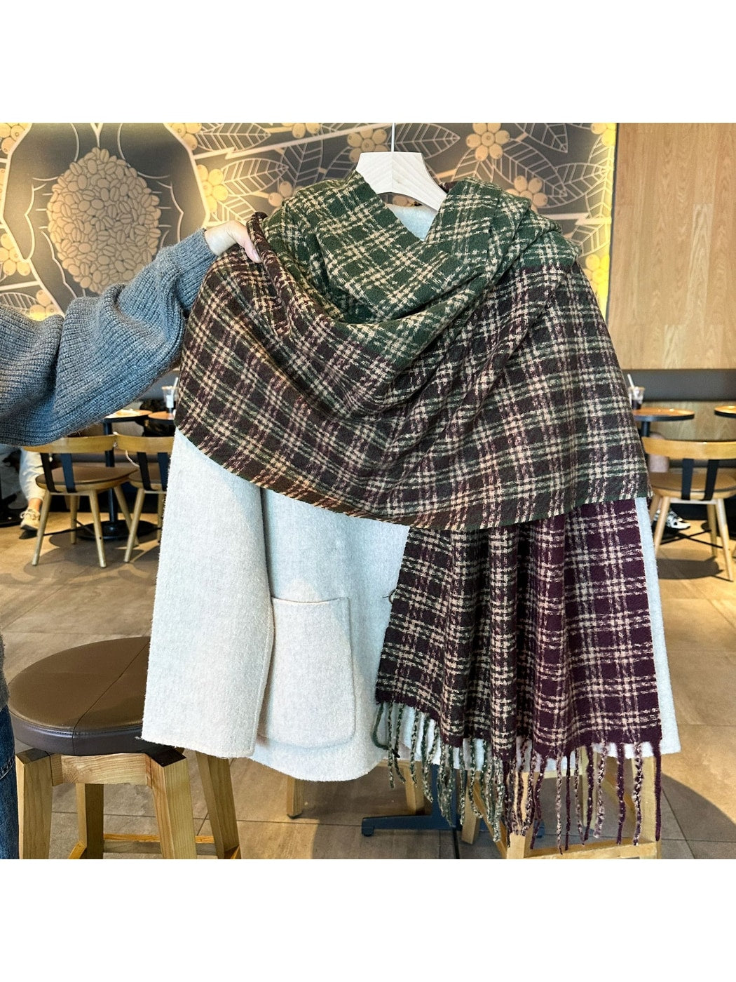 Scarvii - Contrast Panel Plaid Fringed Winter Scarf