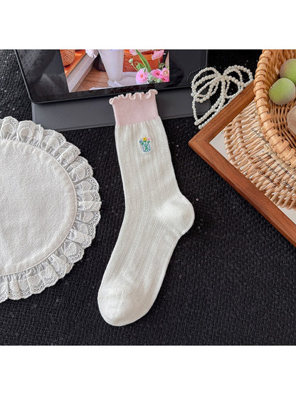 Rufia - Floral Embroidered Ruffle Crew Socks